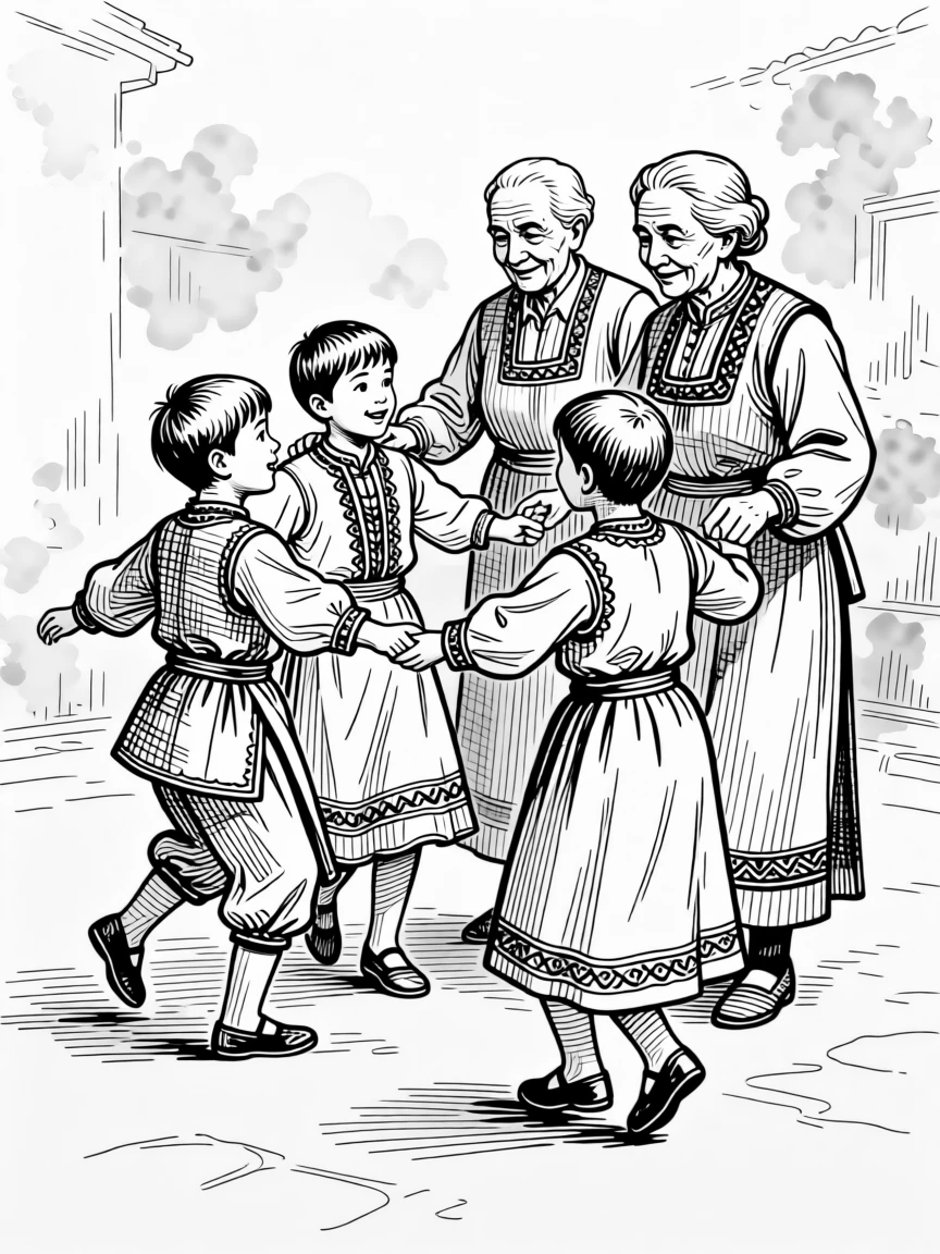 A group of children learning a traditional folk dance from their grandparents.