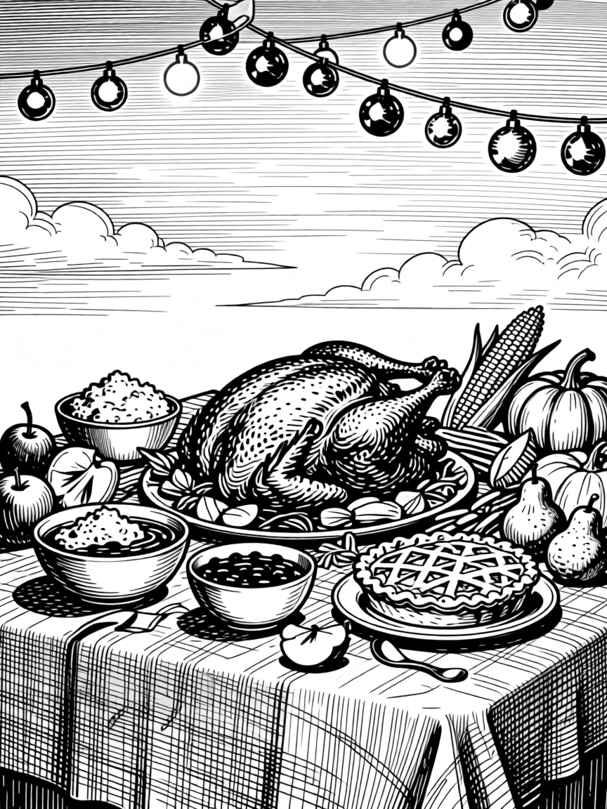 A thanksgiving table laden with a harvest feast under a sky painted with the colors of a harvest sunset, with ribbons and ornaments catching the light, capturing a joyfully nostalgic seasonal moment.