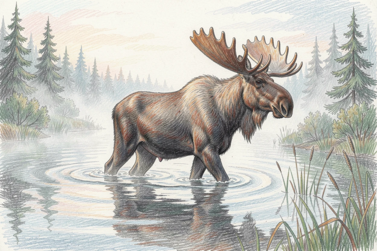 A majestic moose wading through a misty northern lake, with a gentle play of light and shadow across the composition, designed to feel inviting, memorable, and shareable.