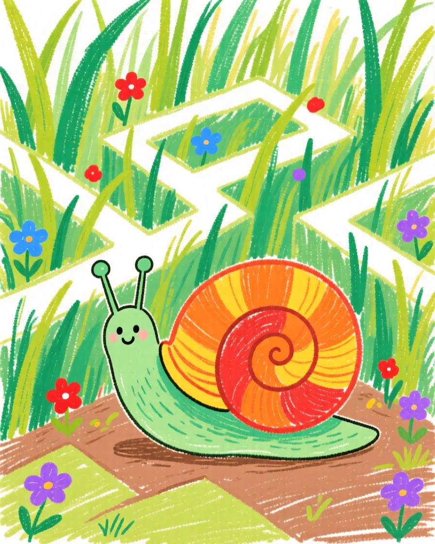 A curious snail exploring a garden maze of tall grass.