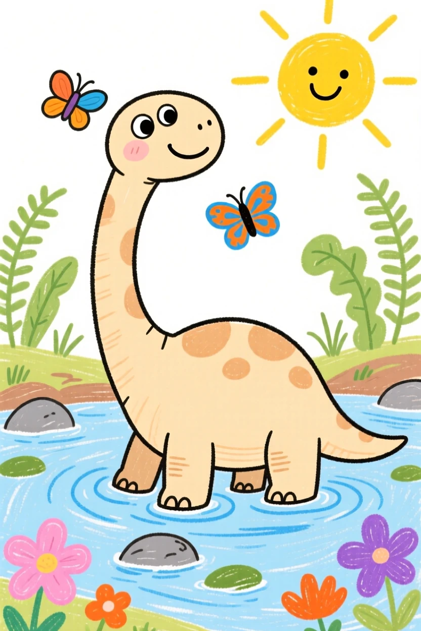 A gentle long-necked brontosaurus wading through a shallow prehistoric river.