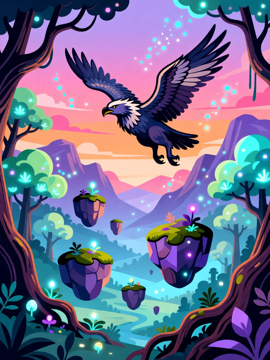 A griffin soaring above a mystical valley filled with floating rocks, surrounded by an enchanted forest alive with soft light, composed with layered depth creating a vast fantastical world, with subtle magical particles drifting through the air.