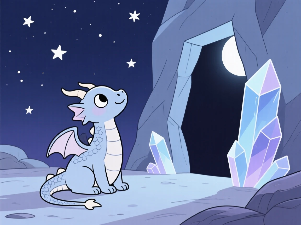 A young dragon watching the stars near a crystal cave.