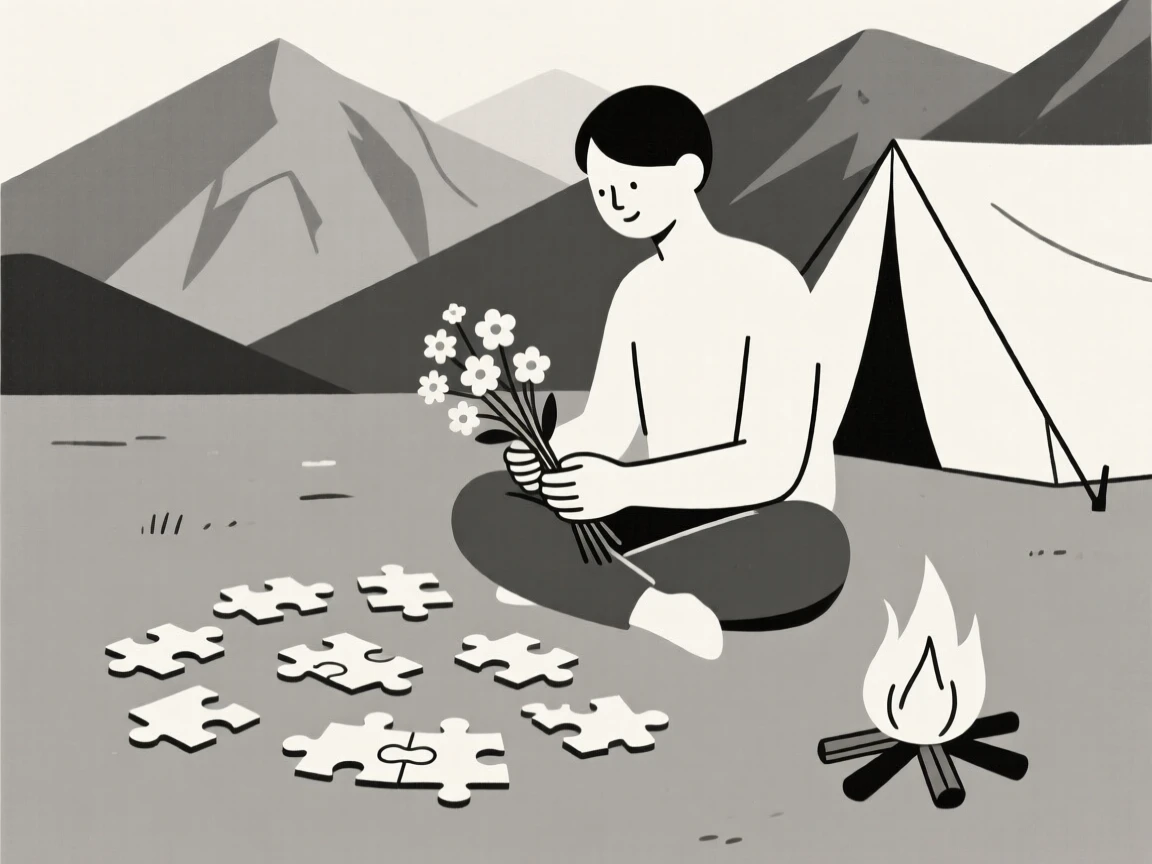 A person arranging fresh flowers in a mountain campsite, surrounded by a half-finished puzzle, showing mindful patience.