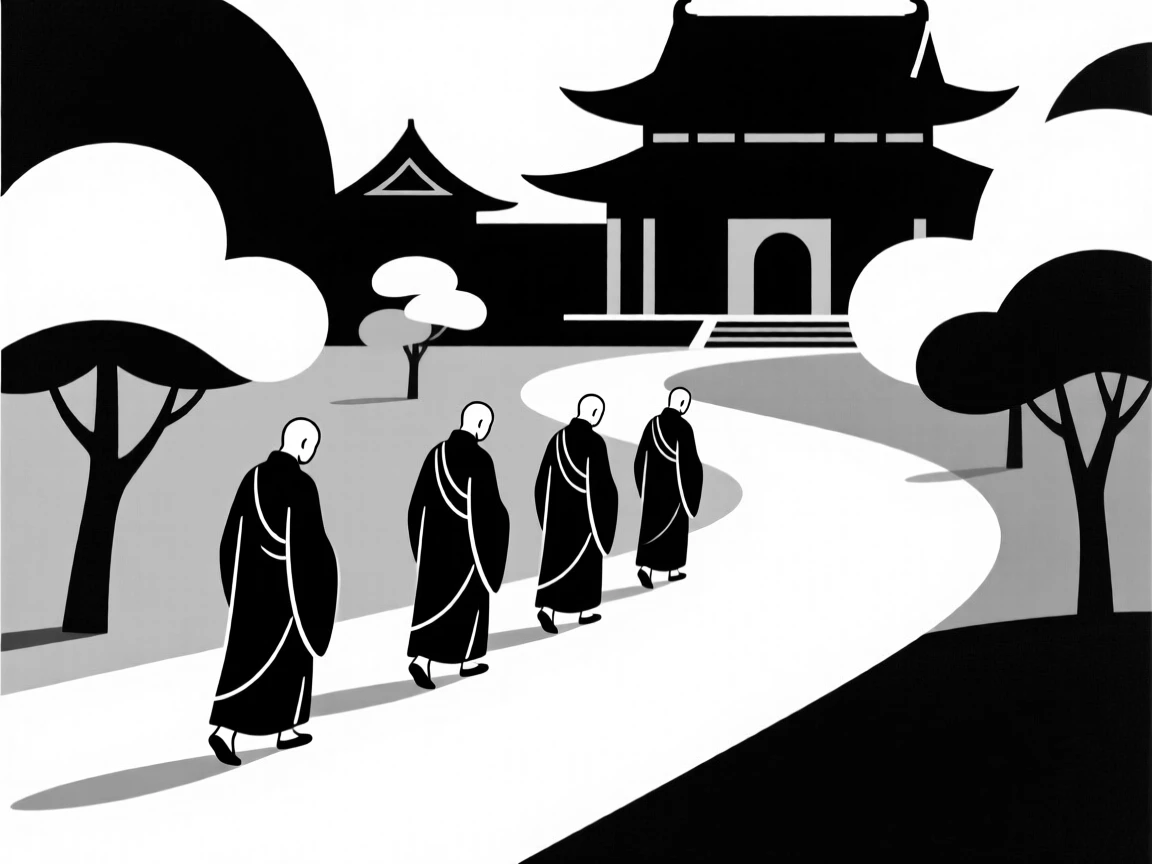 A group of monks walking a quiet temple path.