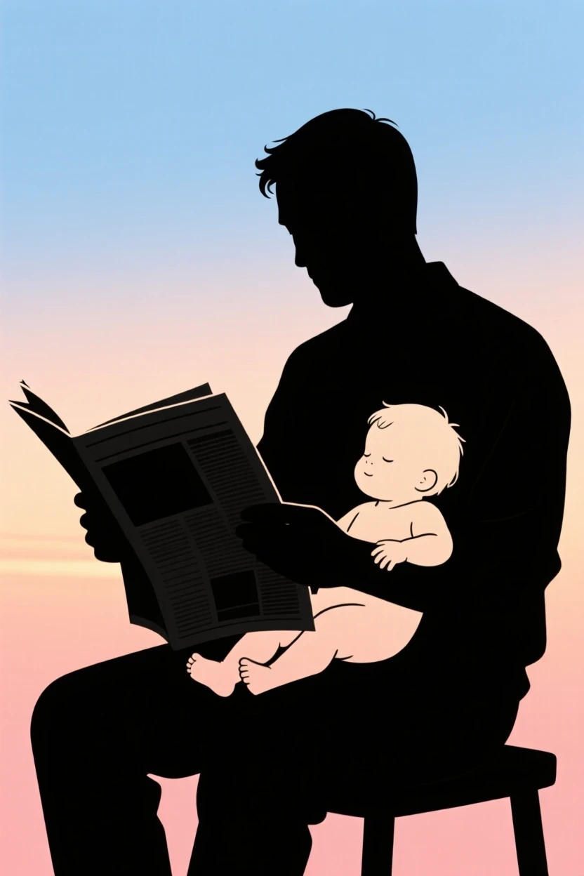 A father reading the newspaper while his toddler naps on his chest.