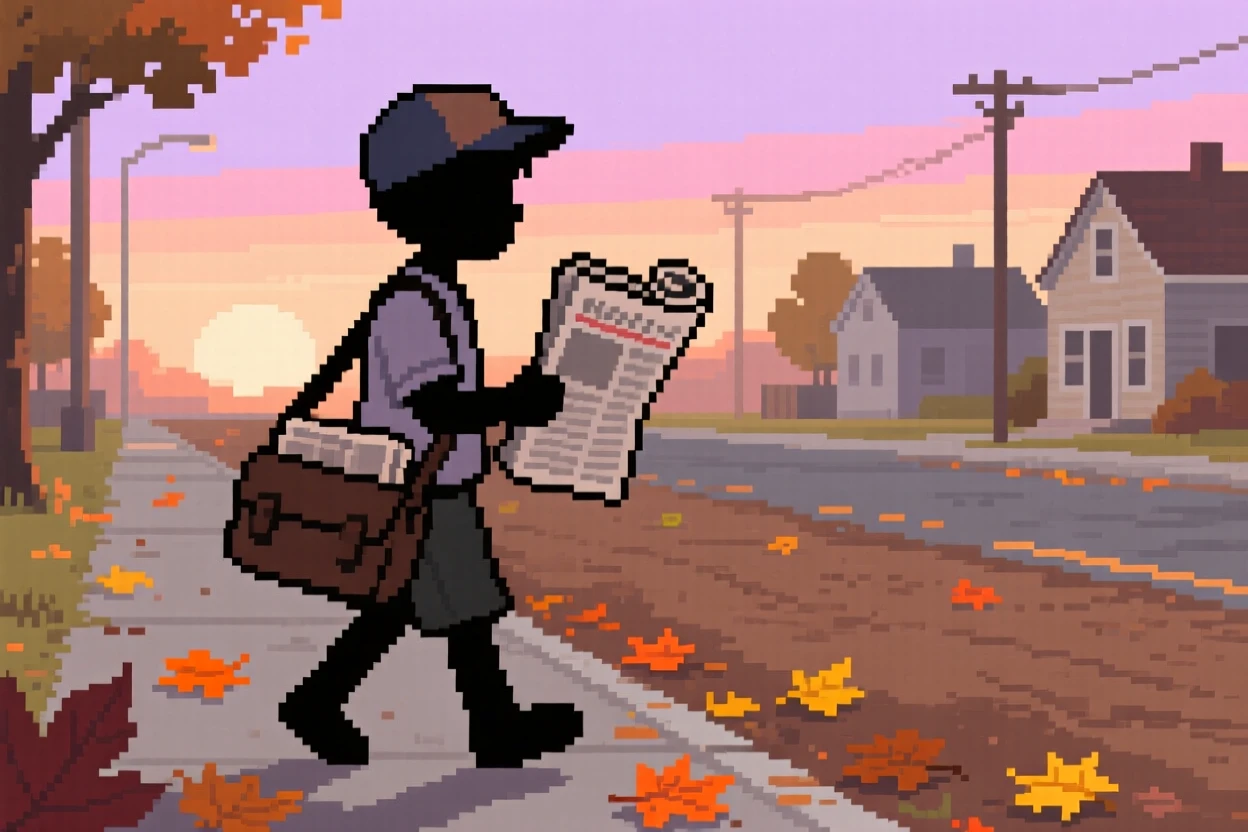 A paperboy delivering newspapers at dawn surrounded by fallen leaves on a quiet street, along a dirt road leading out of town.