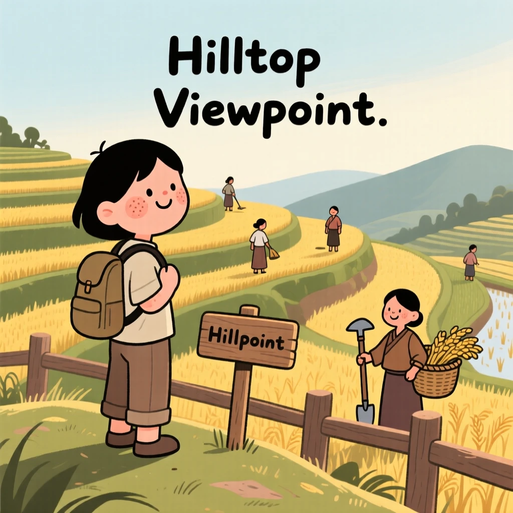 A traveler pauses on a hilltop overlook overlooking terraced rice fields, watching locals going about their morning routines as the golden afternoon light settles over the scene.