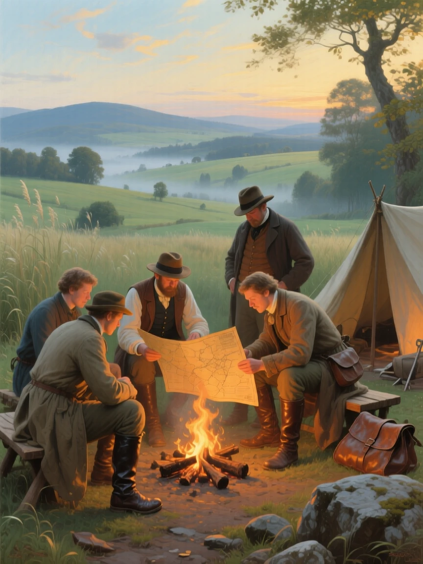 A broad landscape view of a group of explorers studying a weathered map beside a campfire, in a soft summer breeze, in the Victorian era.