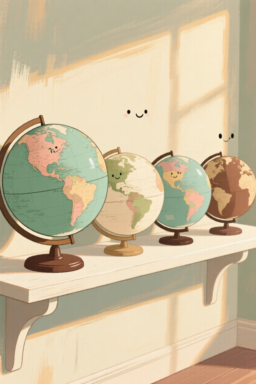 A set of world globes of different sizes lined up on a shelf