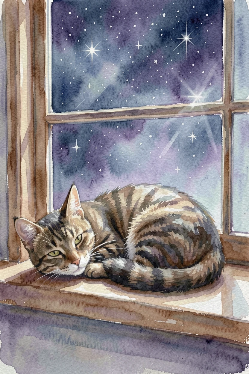 A tabby cat napping on a windowsill beneath a starry sky with its ears perked up.