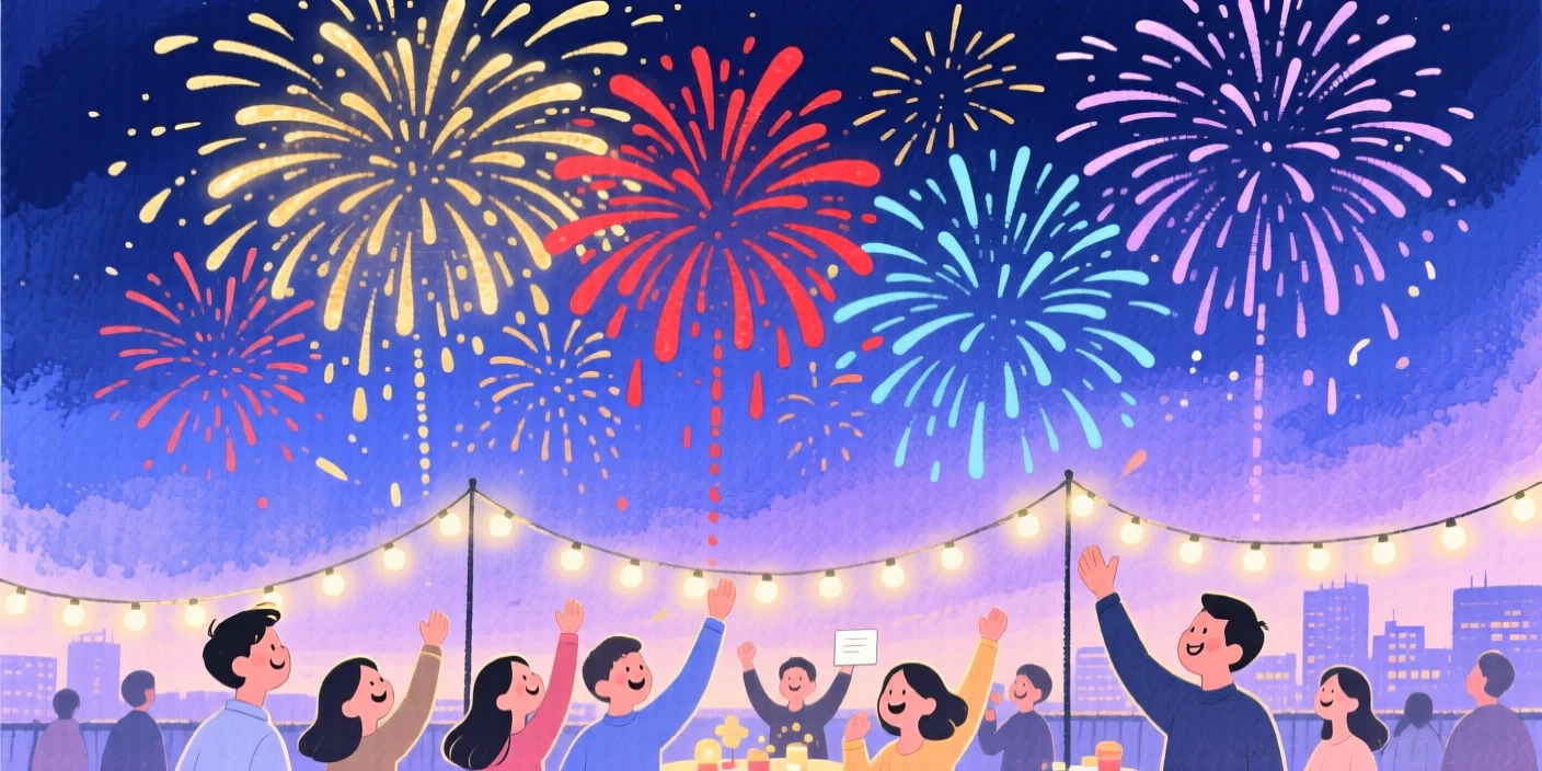 A joyful scene of a New Year's fireworks display, decorated with twinkling string lights, capturing the warmth of the celebration
