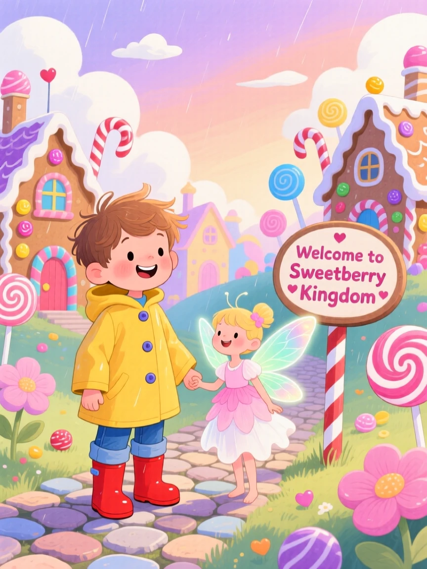 A small boy in rain boots and a tiny fairy with glowing wings exploring a candy-colored kingdom together.