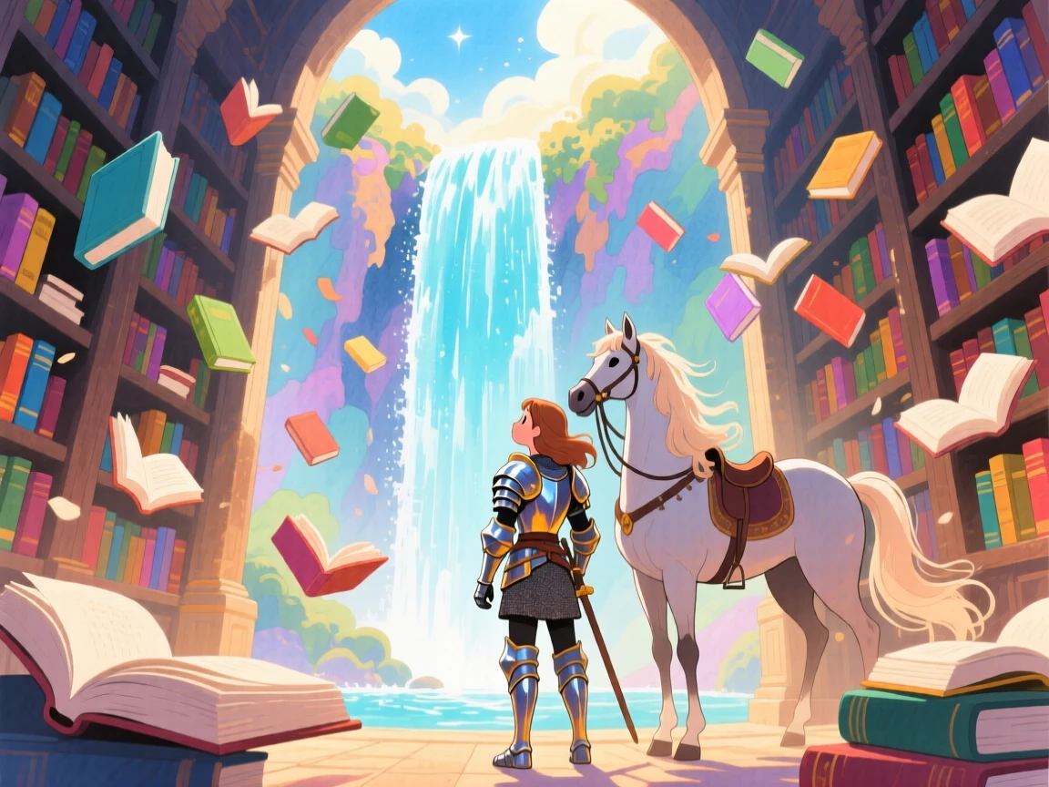 A knight and her loyal steed discovering a hidden waterfall that flows upward into the sky, in a mystical library with floating books, sparking childlike imagination and awe.