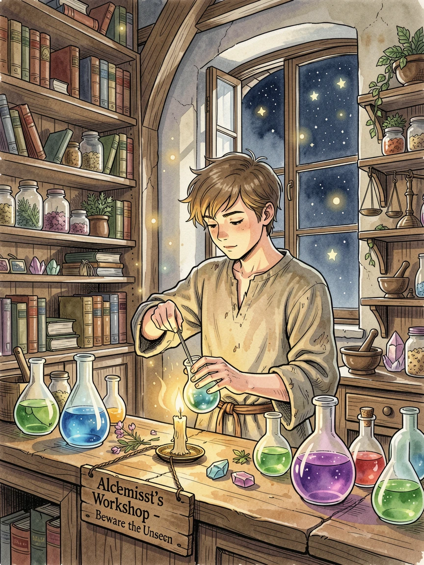 A young apprentice mixing glowing potions in a cluttered alchemy tower, stars or glowing motes drifting gently through the air.