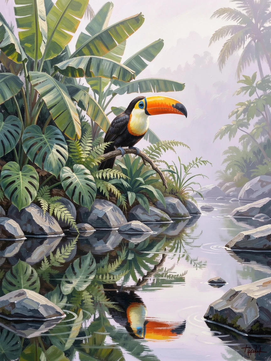 A colorful toucan perched among tropical leaves, its reflection mirrored perfectly in the still water, along a rocky riverbank at dawn, on a misty early morning.