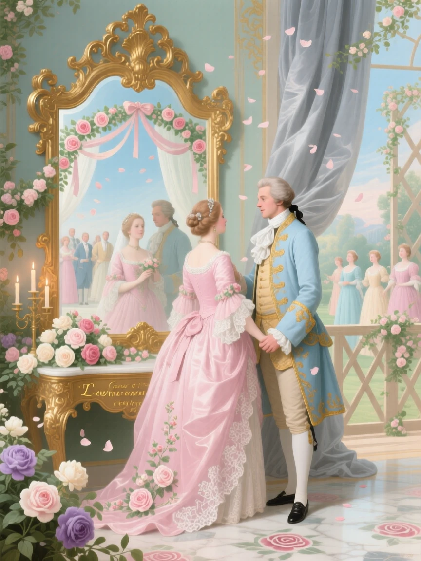 A prince and princess standing before a mirror that reflects their wedding future  