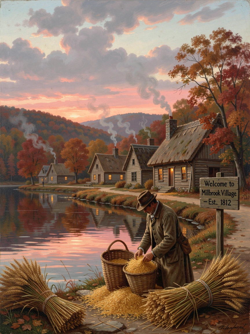 A traveling merchant gathers the harvest near a lakeside village at dusk as smoke rises from chimneys.