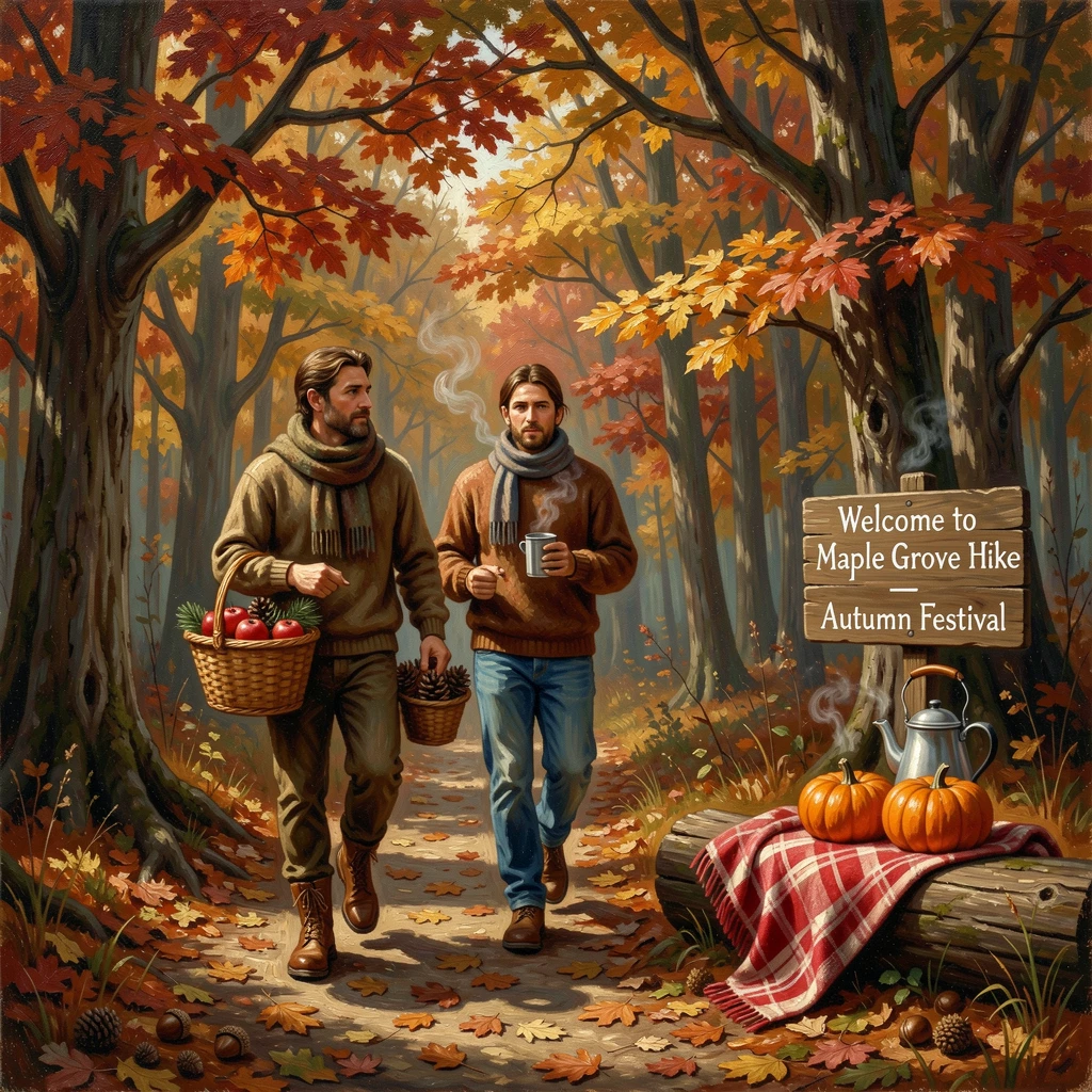 A crisp autumn hike through a forest ablaze with fall color, with cozy, festive details adding charm to the setting, radiating comfort, celebration, and heartfelt togetherness