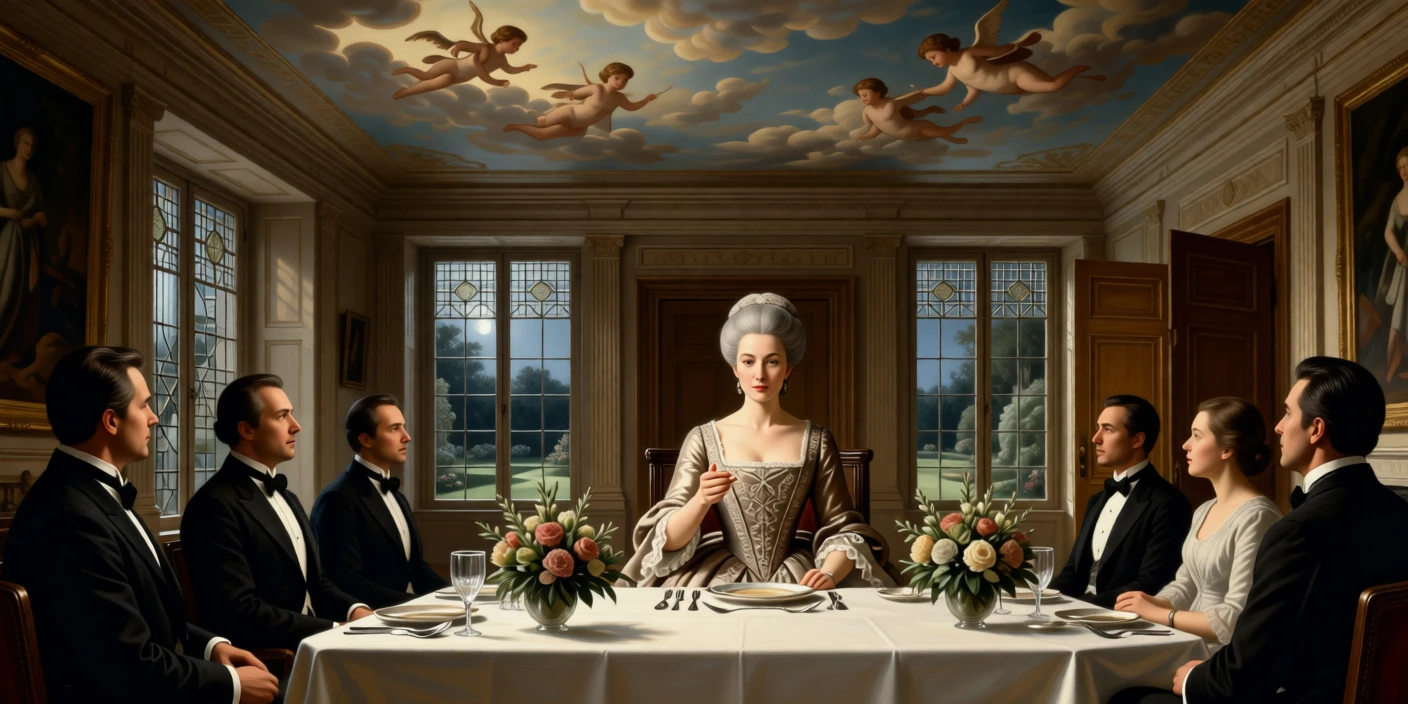 A dowager duchess presiding over an elegant dinner table just before the grand doors are thrown open, set beneath a painted ceiling depicting cherubs and clouds, with tall windows revealing a moonlit garden beyond; converging sightlines from the guests draw attention to the central gesture, filled with quiet ceremony and inherited dignity.