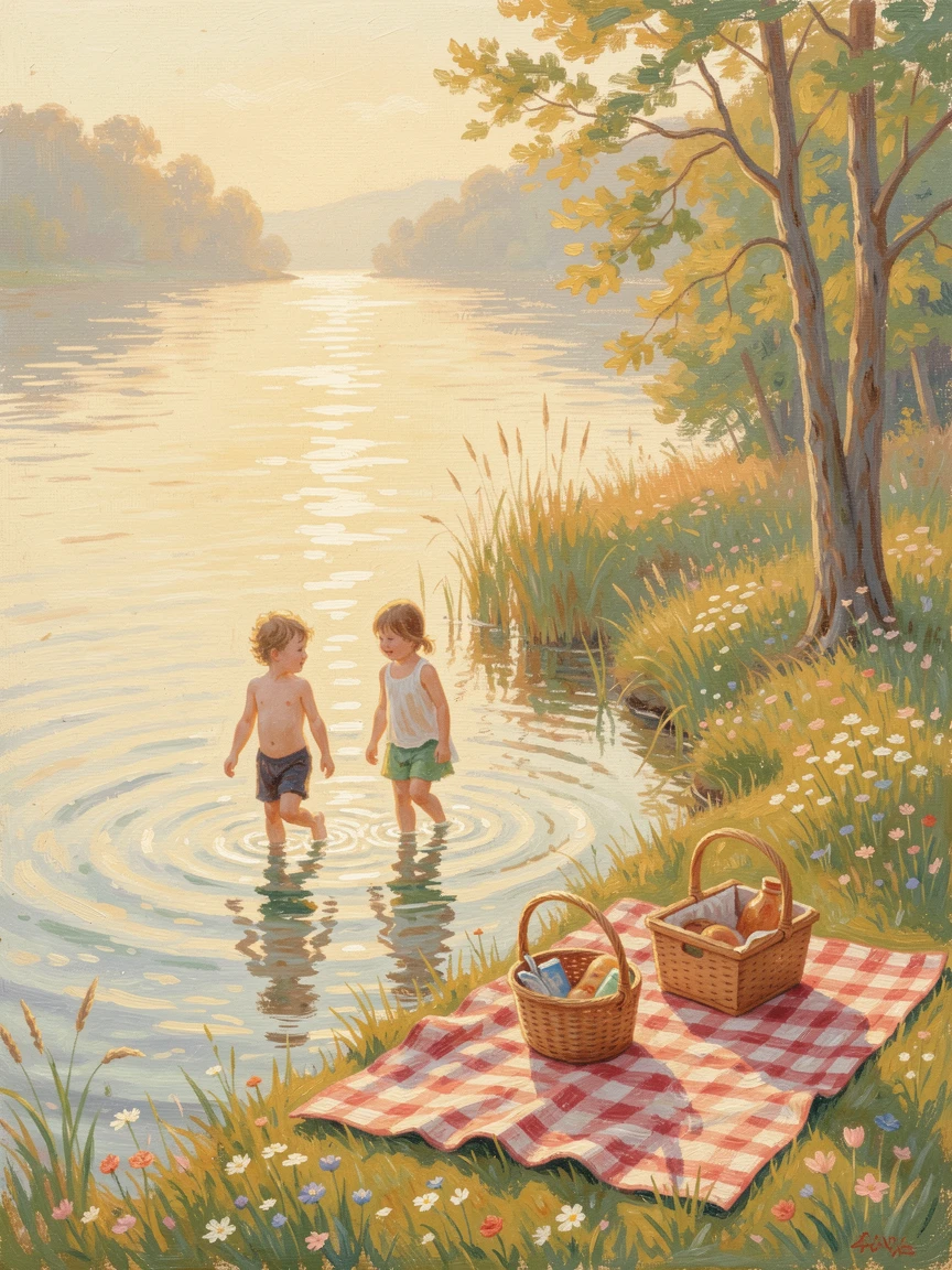 A lakeside family picnic with a checkered blanket, wicker basket, and children wading in the shallows, at golden sunrise.
