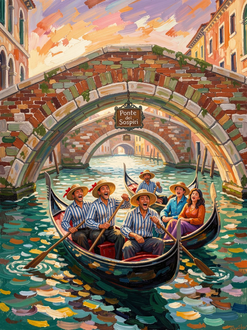 Traditional gondoliers singing as they row tourists beneath Venice's ancient bridges.