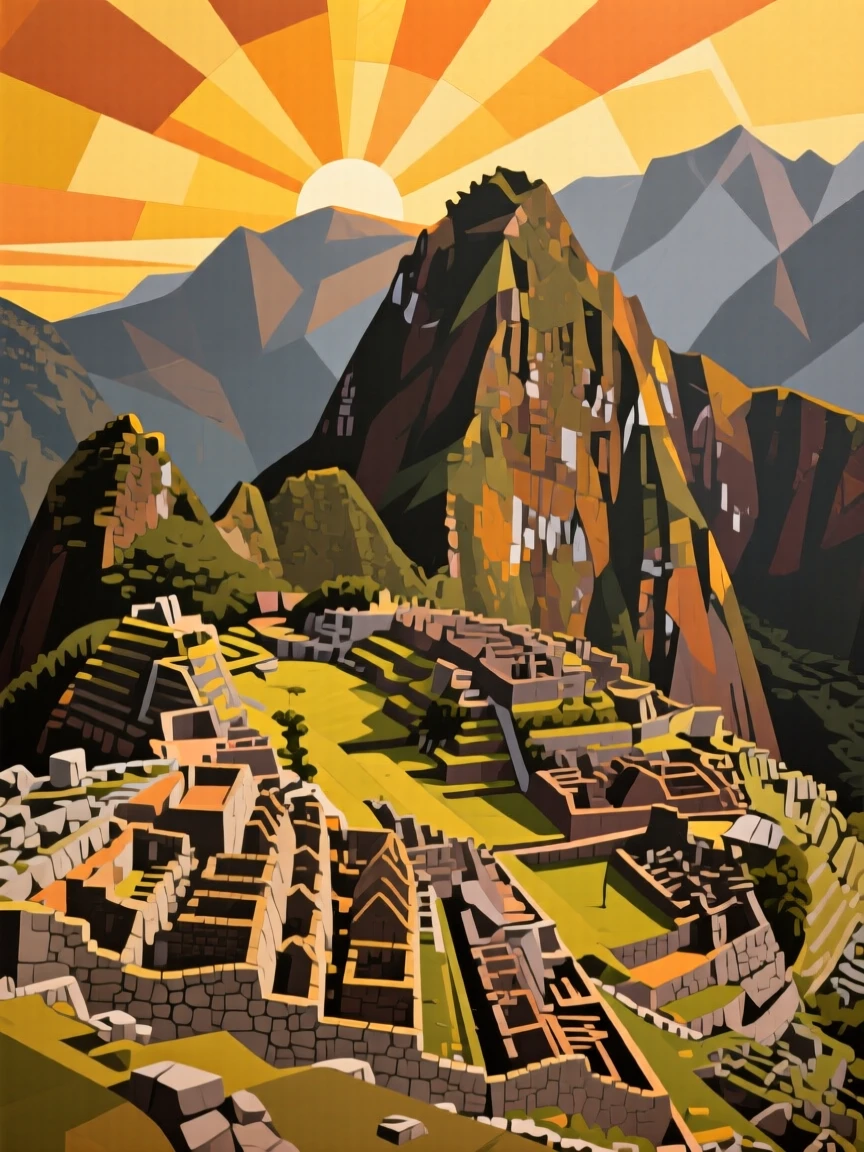 A breathtaking view of Machu Picchu, glowing under a golden sunset.