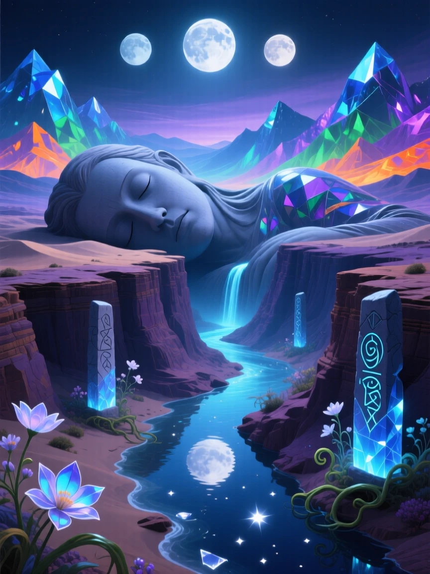 A canyon carved into the shape of a giant sleeping figure lies silent under the pale glow of three distant moons, while distant mountains seem to shimmer like a mirage.