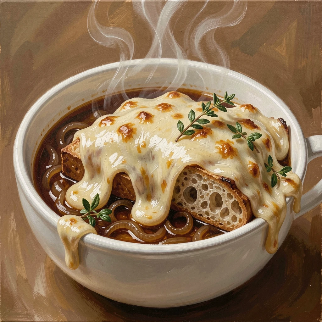 A steaming bowl of French onion soup shows melted gruyère bubbling over the rim, a crusty baguette slice visible beneath the cheese, small garnishes and finishing touches arranged with quiet, deliberate care.