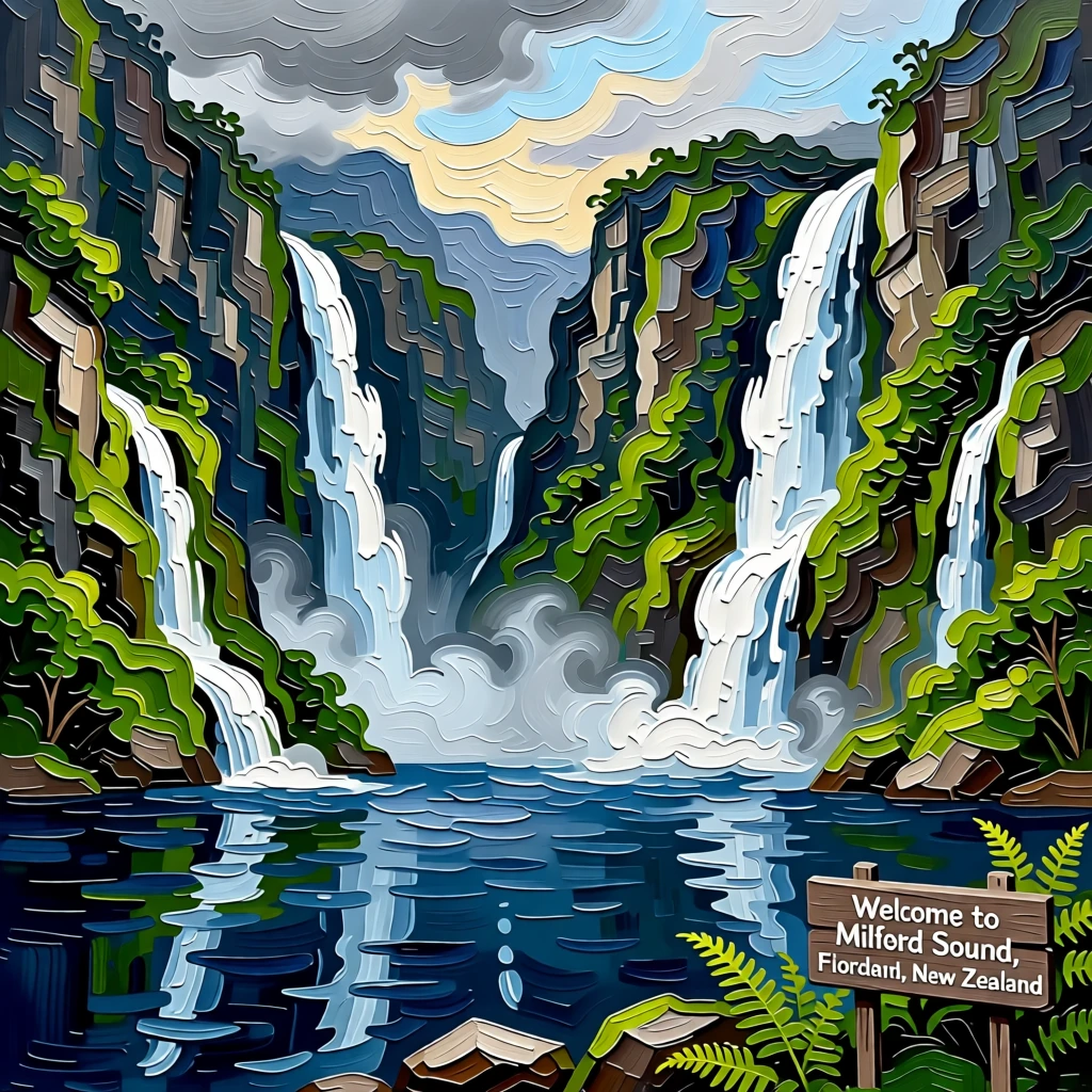 A remote fjord in New Zealand with waterfalls cascading down sheer cliff walls