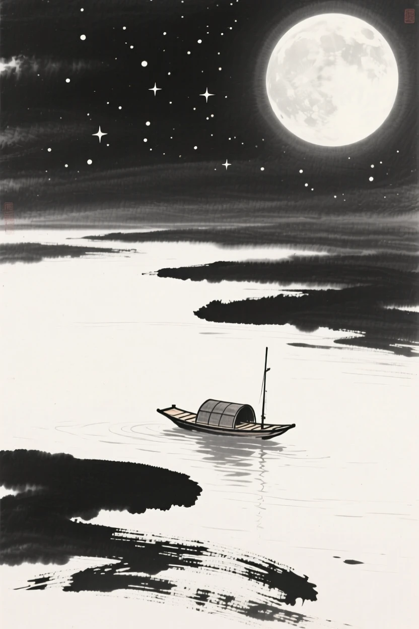 A small boat drifts silently across a river under a bright full moon, beneath a canopy of scattered stars.