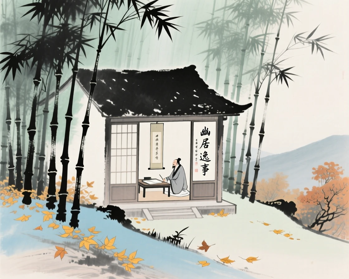 A scholar's studio nestled among bamboo on a quiet hillside, touched with gentle melancholy, as autumn leaves turn golden.