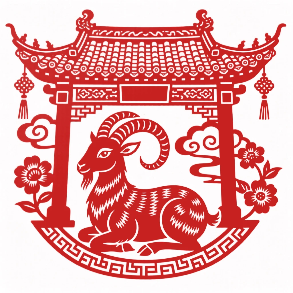 A mountain goat, nesting beneath the eaves of an old temple, symbolizing peace and good fortune.
