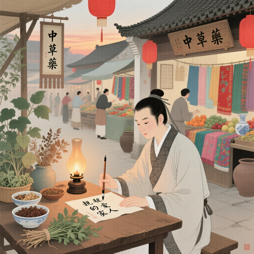 A young herbalist writing a letter home by lamplight in a marketplace bustling with color and life