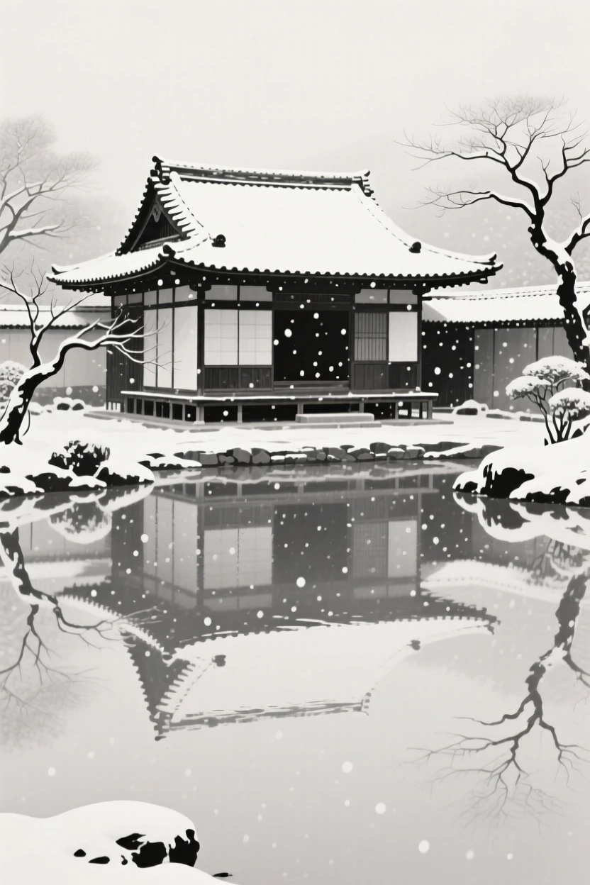 A traditional courtyard house beneath a canopy of falling snow, seen from across still water, reflected on the surface, evoking centuries of quiet history and devotion.