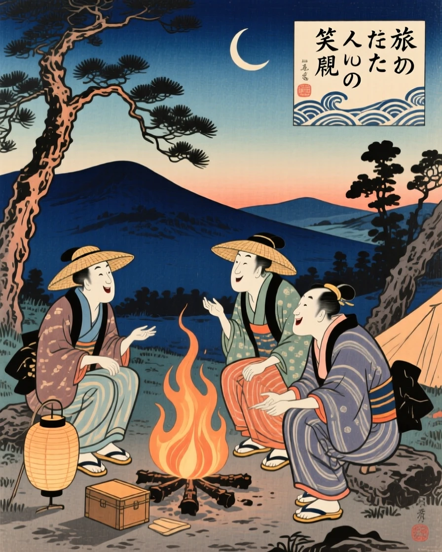 A traveler laughing together around a warm campfire.