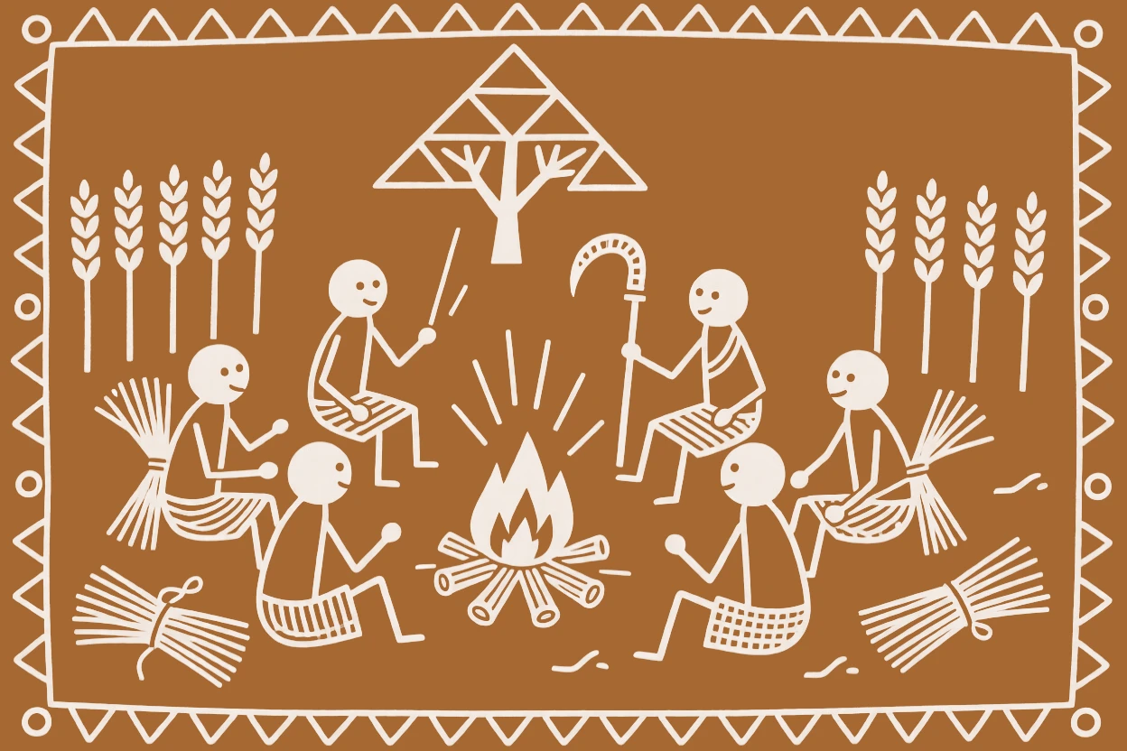 A group of harvesters gathering around a fire after the harvest is complete.
