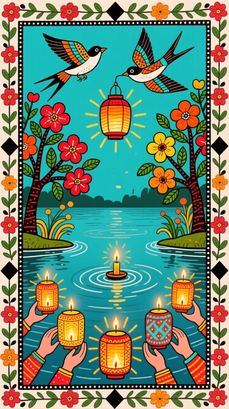 A candlelit vigil of lanterns released over a quiet lake.
