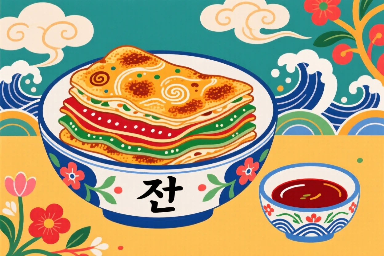 A bowl of savory pancake slices stacked beside a dipping sauce.