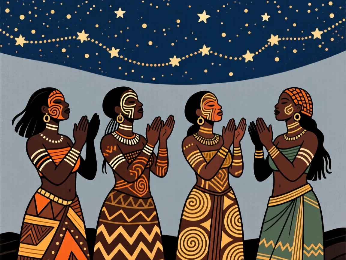 A group of women clapping in rhythm performing beneath a canopy of stars.