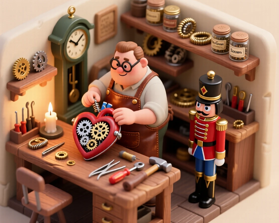 A clockmaker building a mechanical heart for a tin soldier, gears ticking softly in a candlelit workshop.