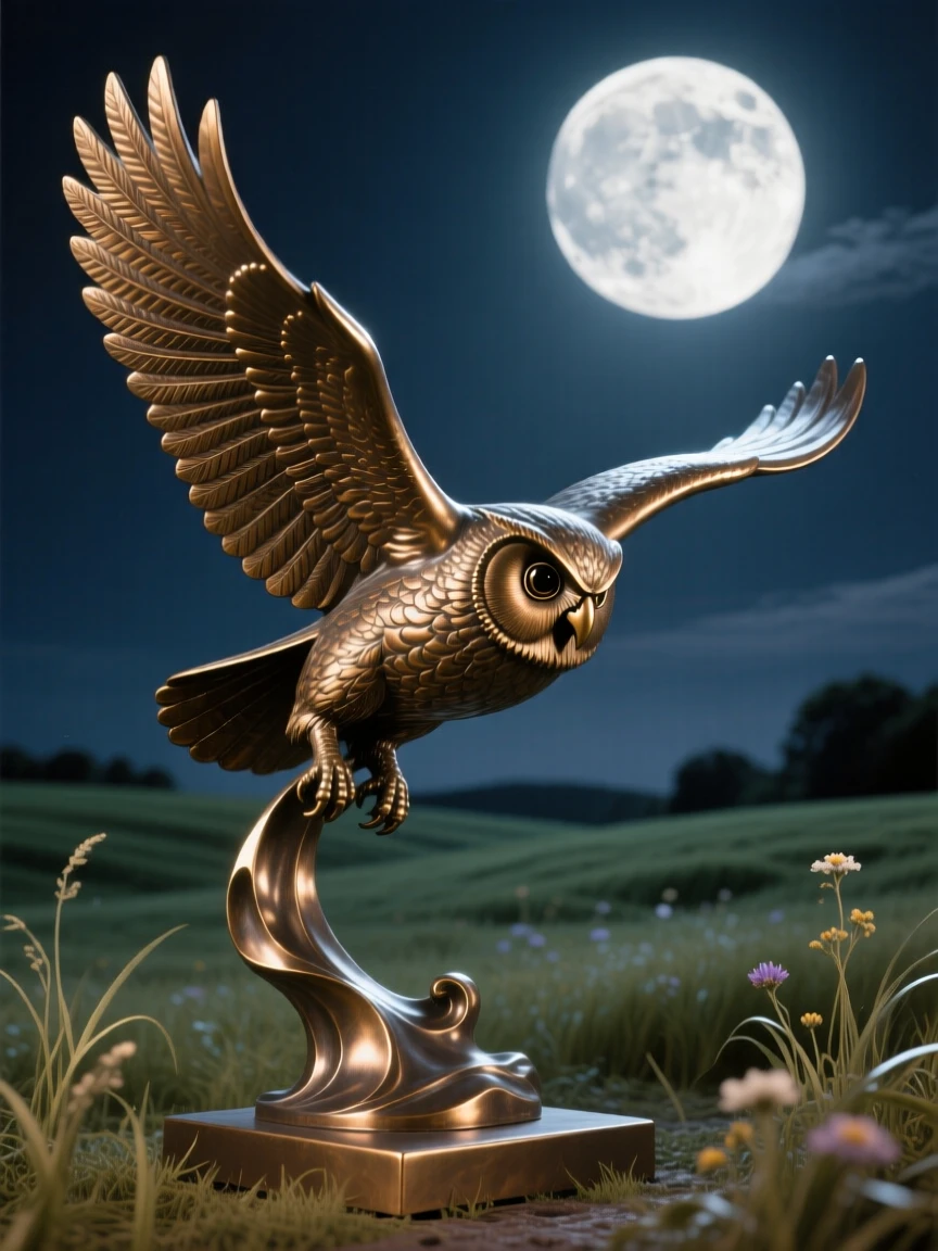 An owl in silent flight over a moonlit field, rendered with rich, dynamic energy, evoking wonder and majesty