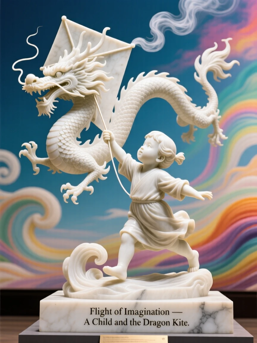 A beautifully composed image of a child flying a kite shaped like a dragon, under a brilliant, colorful sky, full of atmosphere and visual storytelling