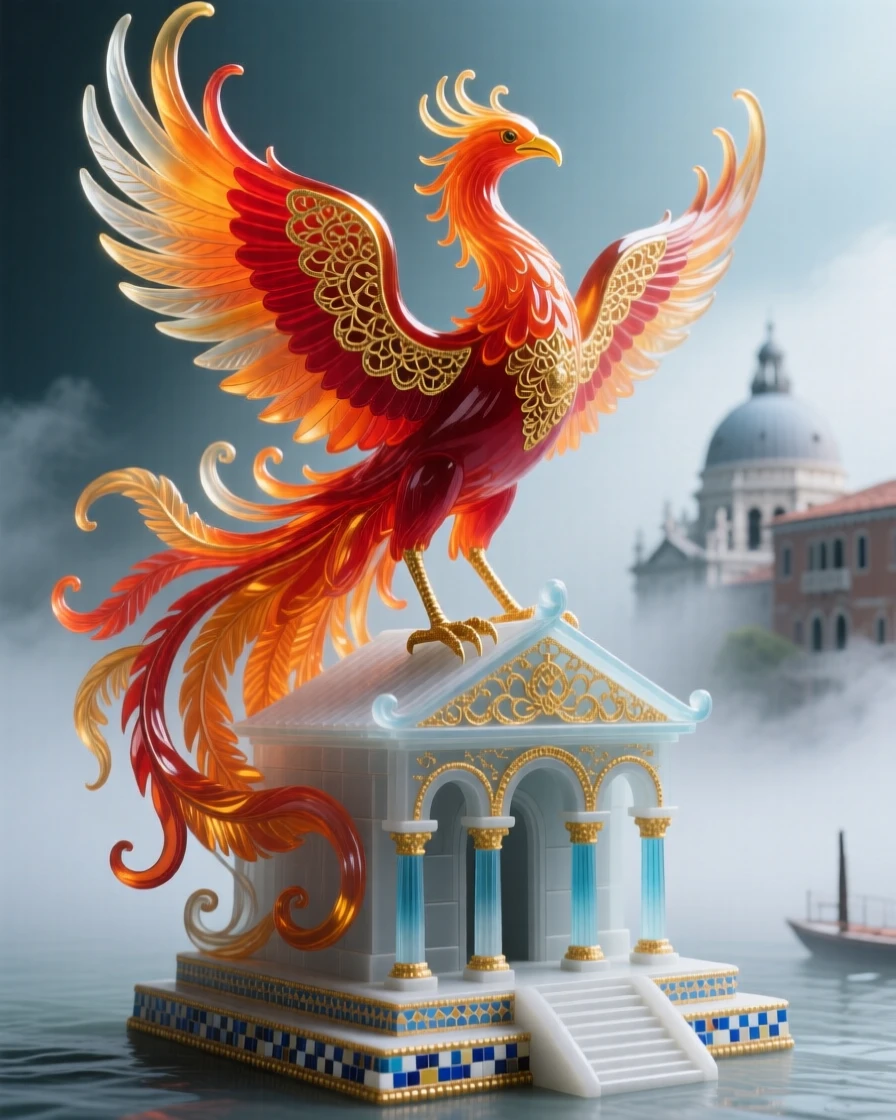 A grand phoenix rising above an ancient temple wrapped in morning mist, transcendent and radiant.