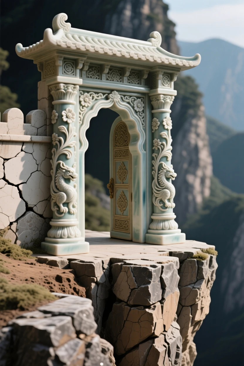 An ornate palace gate flanked by carved pillars perched dramatically at the edge of a cliff, with weathered stone showing centuries of history, conveying serenity and architectural majesty.