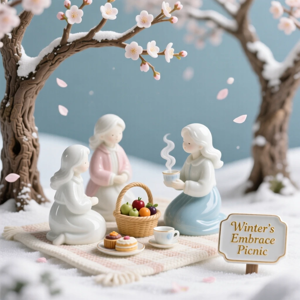 A cozy winter moment: a picnic beneath blossoming trees, evoking warmth and nostalgic comfort.
