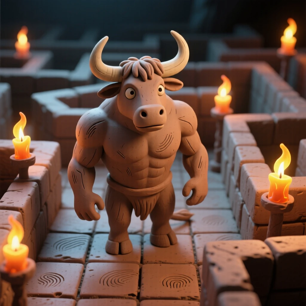 A minotaur standing at the center of a torch-lit labyrinth
