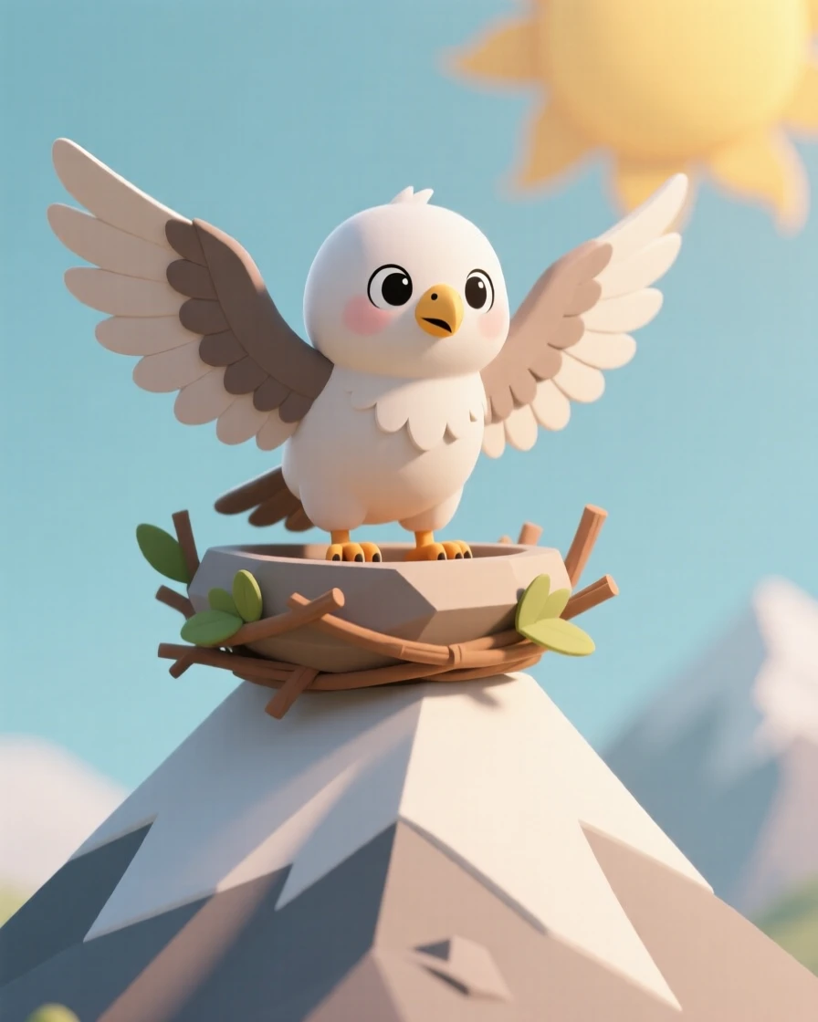 A curious baby griffin practices flapping its half-grown wings atop a sunlit mountain nest, feathers ruffled with effort.