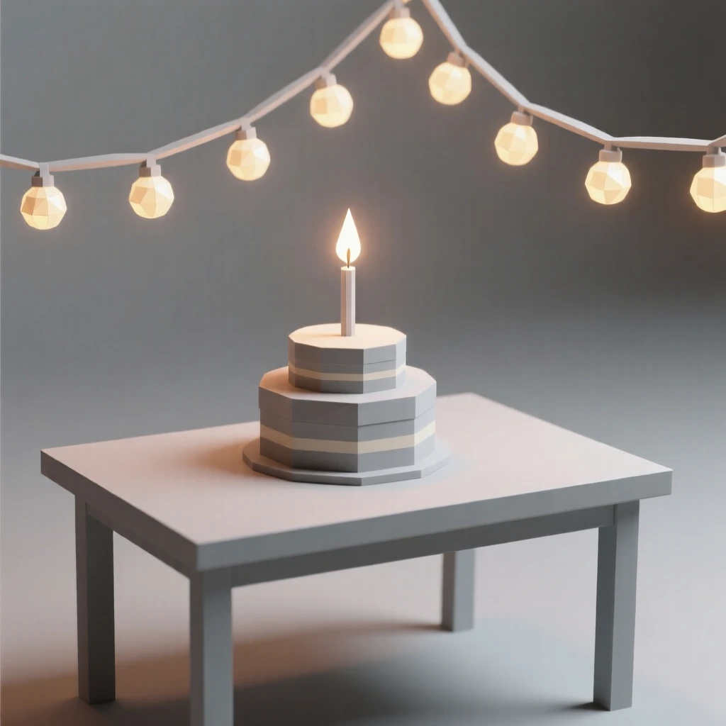 A birthday celebration table with a glowing candle-lit cake, under strings of warm twinkling lights. warm glowing lights create a festive ambiance. There is a joyful, festive energy in the air.