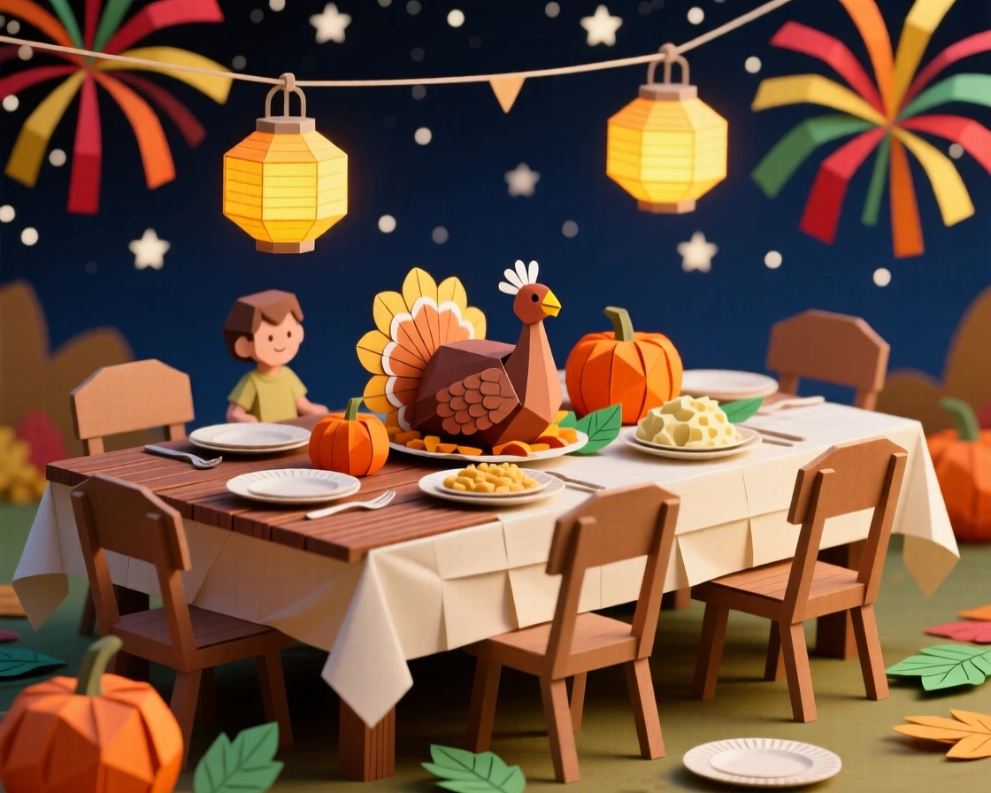 A festive Thanksgiving family table glowing softly under a starry sky, with fireworks bursting colorfully overhead, capturing the spirit of gratitude and joy.